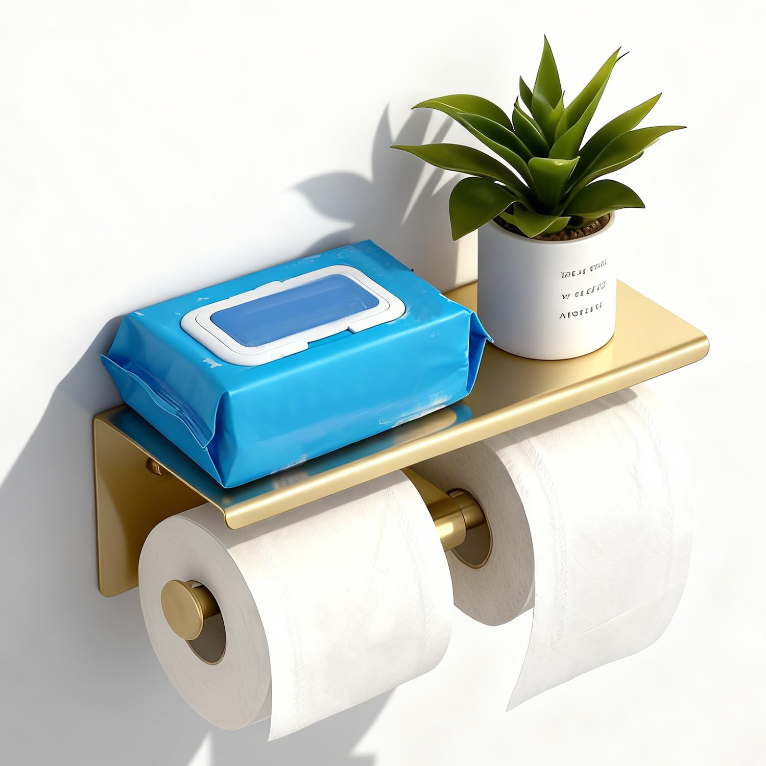 Toilet Roll Holder, NEWRAIN Double Bathroom Toilet Paper Holder with Shelf, Stainless Steel Wall Mounted RV Tissue Roll Holder, Brushed Gold Commercial Farmhouse Toilet Paper Dispenser