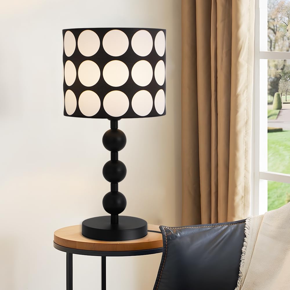 Moderne Tischlampe Schwarz-Weiß Punkte, E27 Fassung Kugelsäule, Nachttischlampe Wohnzimmer Büro, Nordisches Design mit Kabelschalter