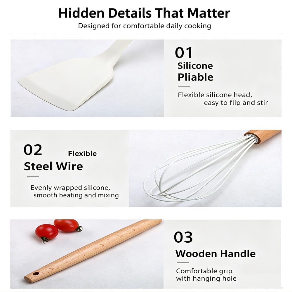 Set di 33 Utensili da Cucina in Silicone Alimentare con Manici in Legno; Kit Completo di Accessori per Cucinare Comprensivo di Misurini, Delicati su Pentole E Padelle Antiaderenti Black