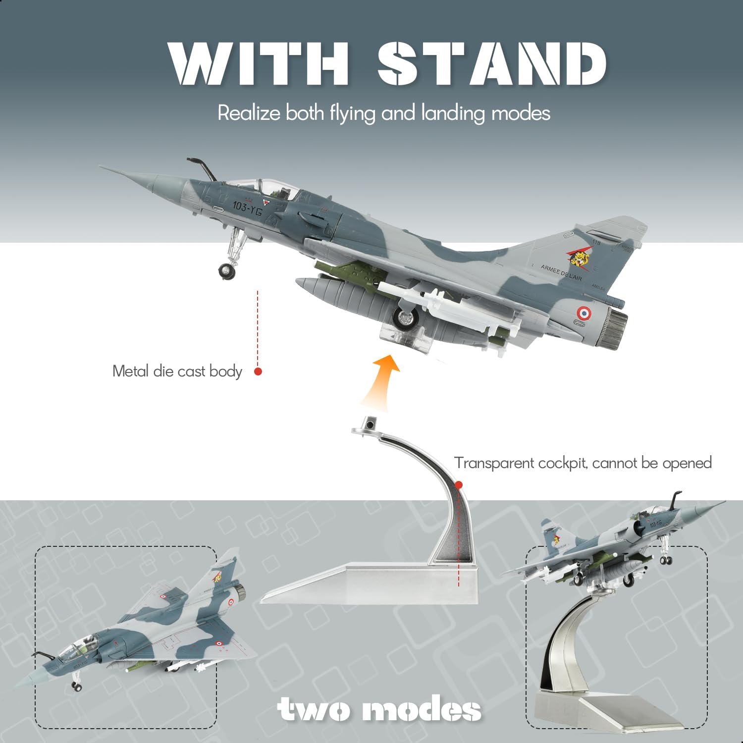 Mirage 2000 Flugzeugmodell Dassault französische Luft- und Raumstreitkräfte Multirole Fighter Miniatur 103-YG Militär Metall Druckguss Flugzeug Modellbausatz für Erwachsene Sammlung und