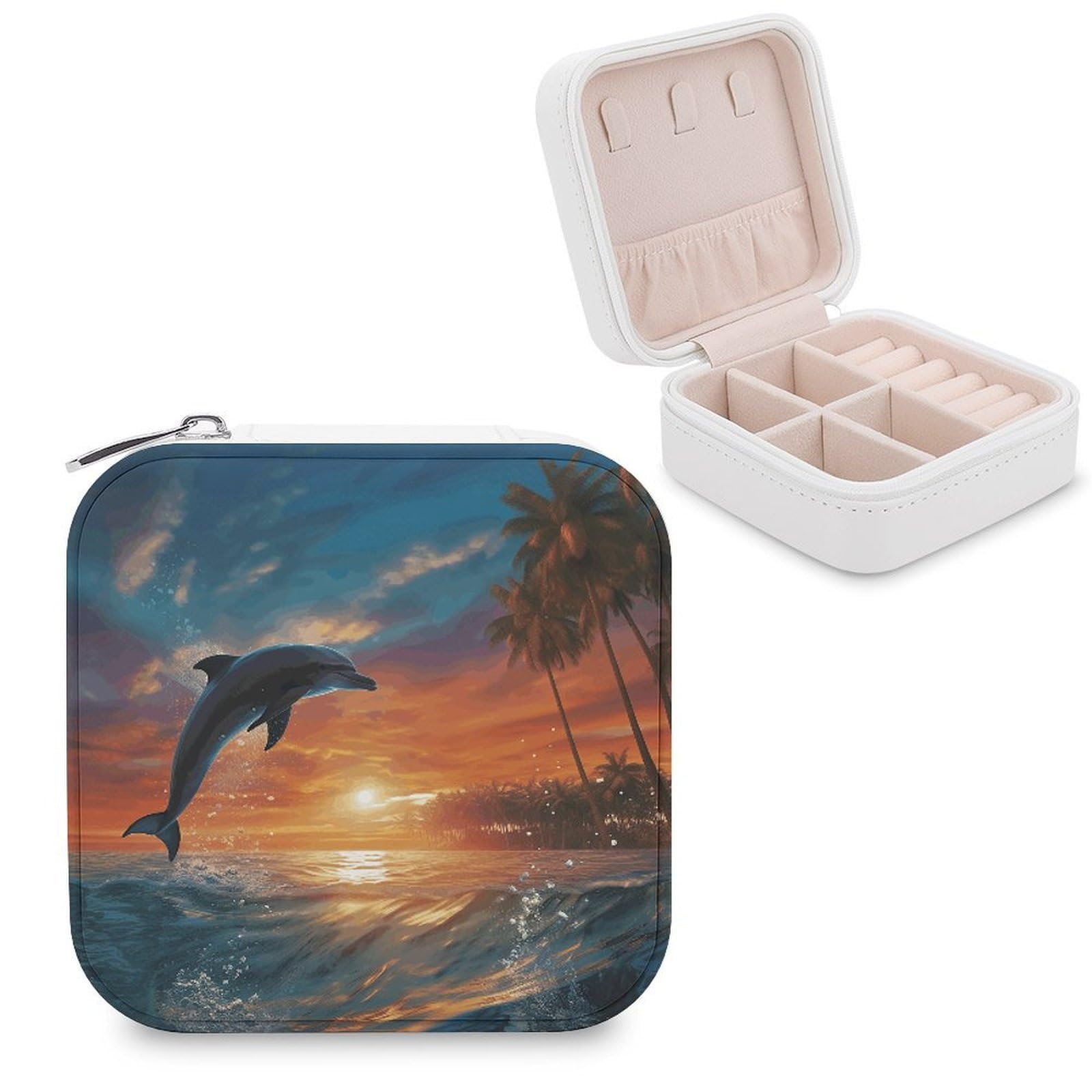 FekiLoot Dolphins And Palm Trees Jewelry Case Personalized Leather Jewelry Box Mini Travel Jewelry Case Small Portable Jewelry Organizer for Ring Earrings Necklace Bracelet