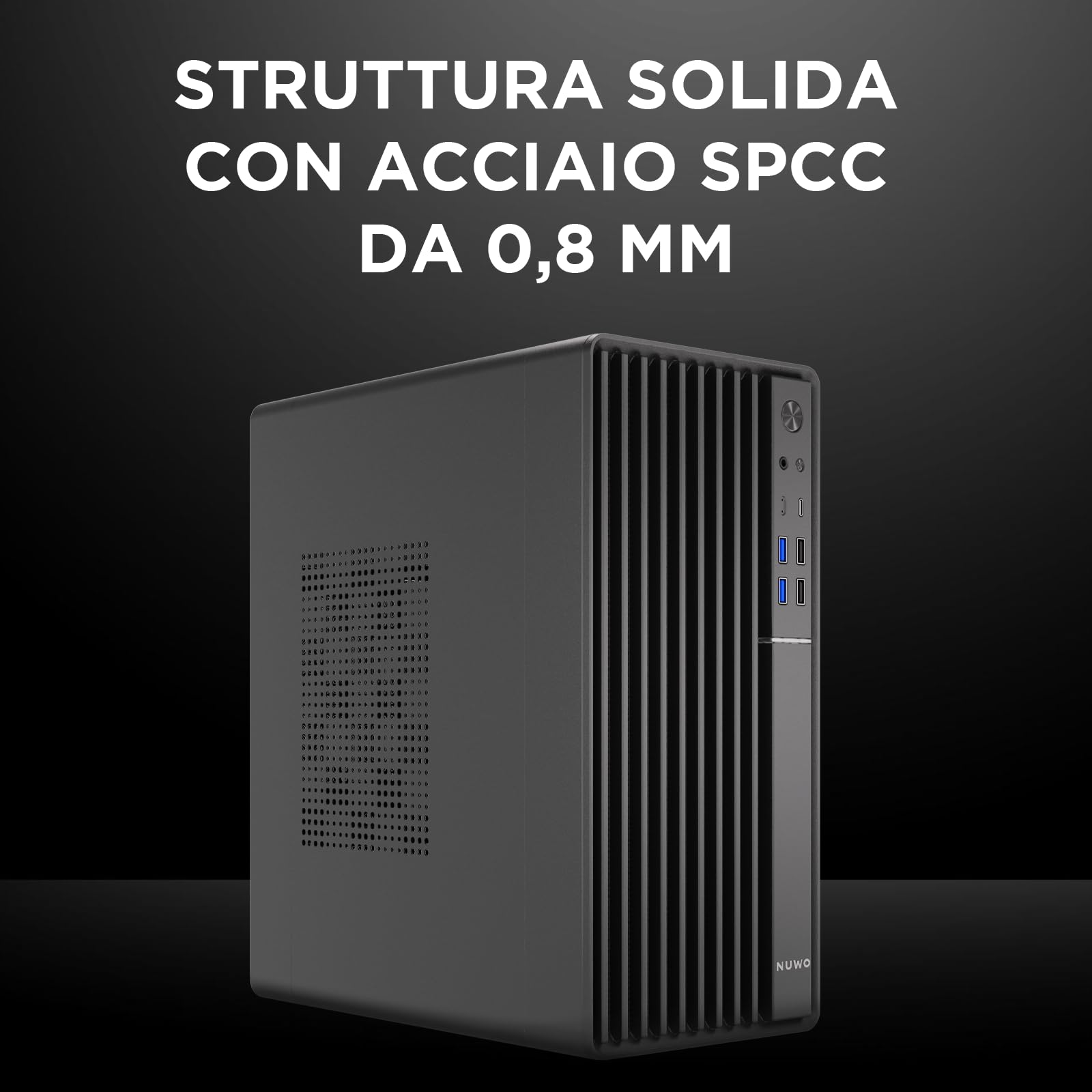 Nuwo Quartz QK300 | Case PC Compatto Micro-ATX Senza Alimentatore | Compatibile con MicroATX e Mini-ITX | Raffreddamento a Rete Frontale | USB 3.0 e Type-C, Nero