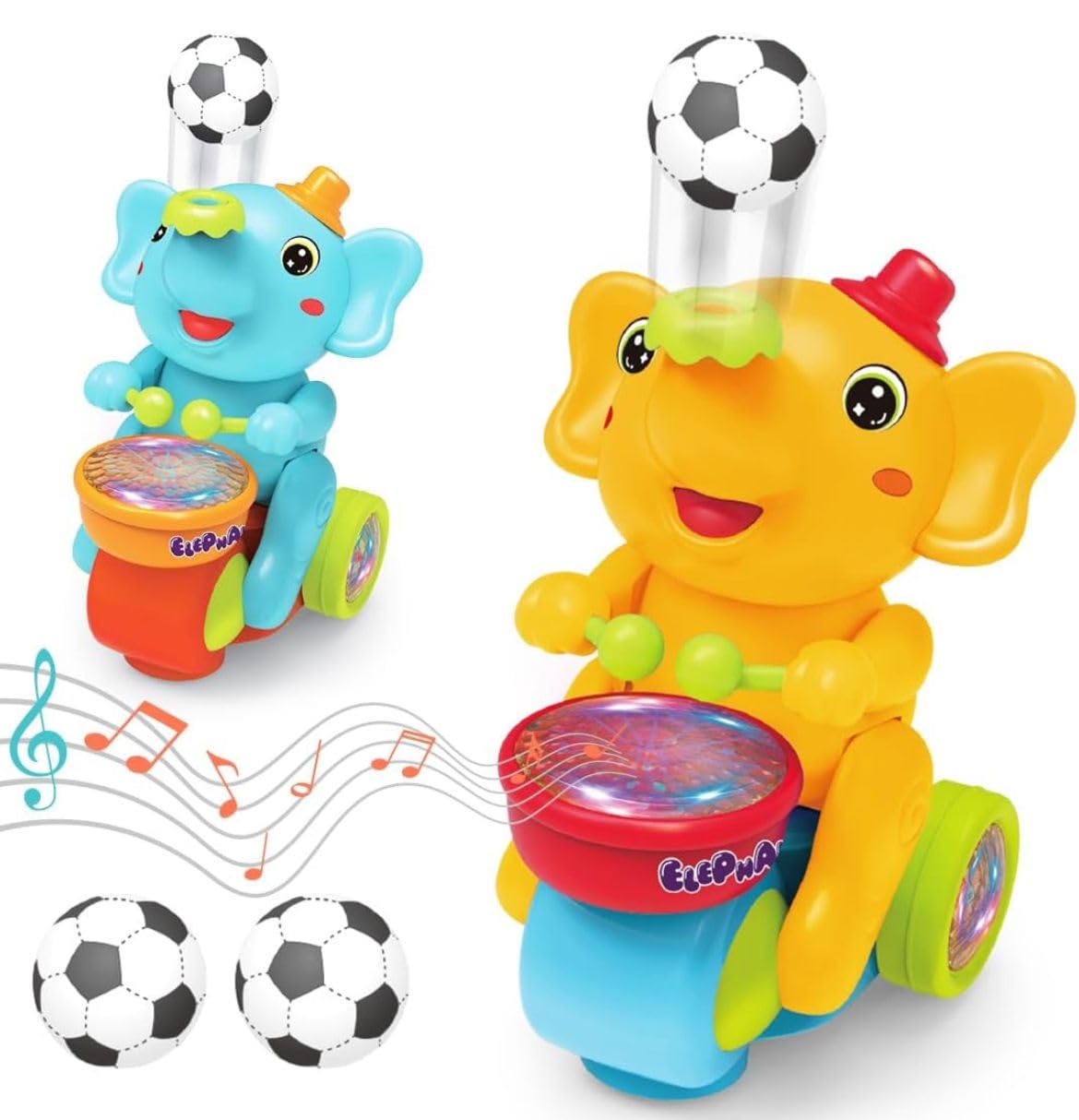Musical Walking Elephant Drummer Toy Flashing Light and Amazing Sound Beating Drum Blowing Ball Toys for Kids Boys & Girls (Blue)-image-3