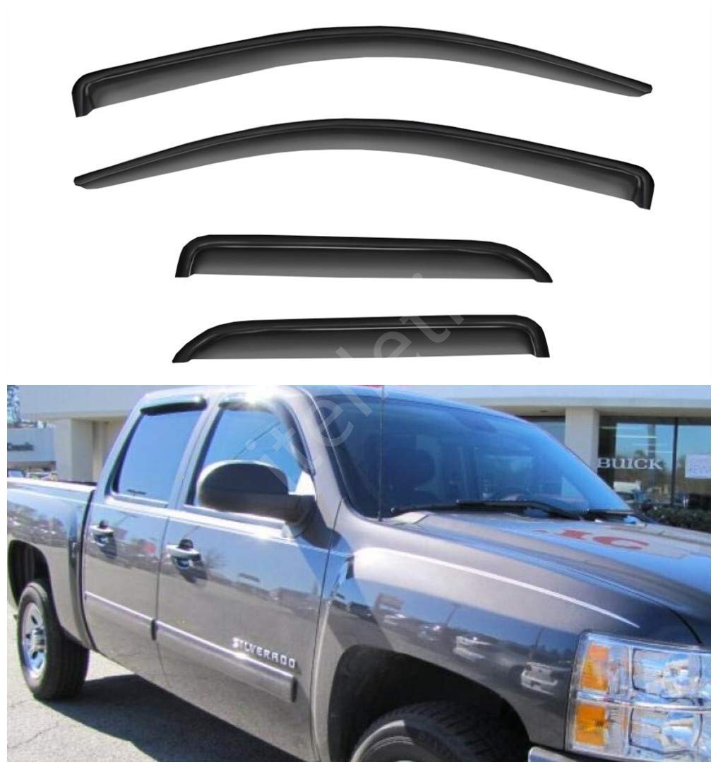 4pcs Outside Mount Dark Smoke Sun/Rain Guard Front+Rear Tape-On Auto Window Visors for Chevy Silverado/GMC Sierra 14-18 1500 19 LD/Limited 15-19 2500/3500 HD Double Cab w/Half Size Rear Door