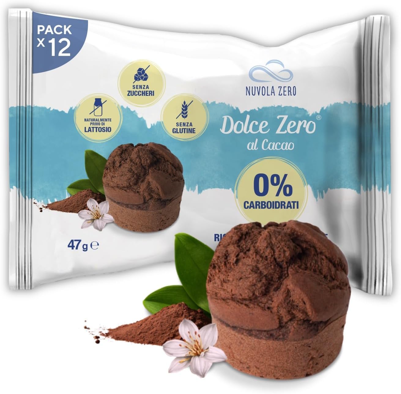 Nuvola Zero - Dolce Zero Cacao Tartelette, Sans Glucides, Sans Sucre, Sans Lactose, Sans Gluten, Riche en Fibres, Lot de 12, Fabriqué en Italie