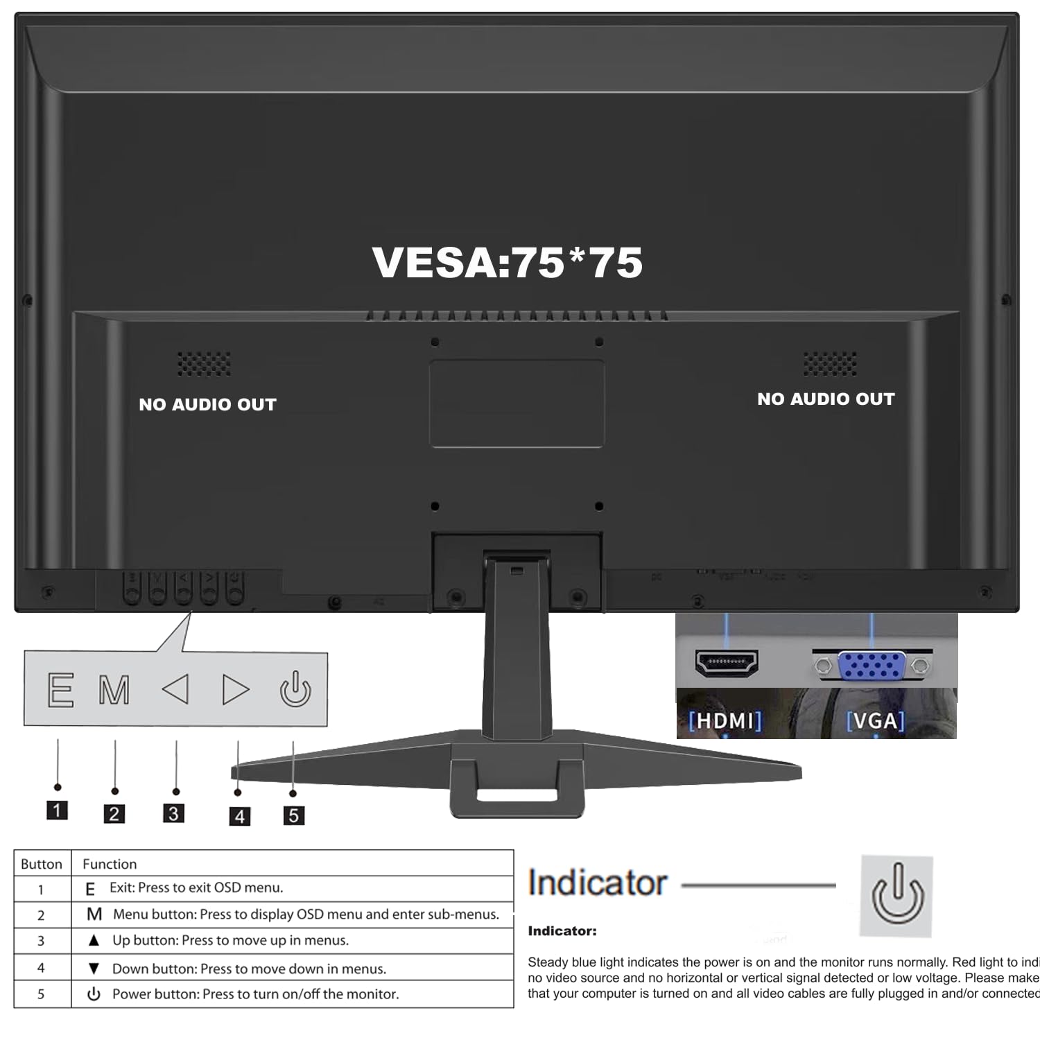 Monitor HD da 19 pollici (1440 x 900), frequenza di aggiornamento 75 Hz, HDMI x1, VGA x1, piccolo monitor sottile per laptop, computer e desktop, visualizzazione LED, connessione