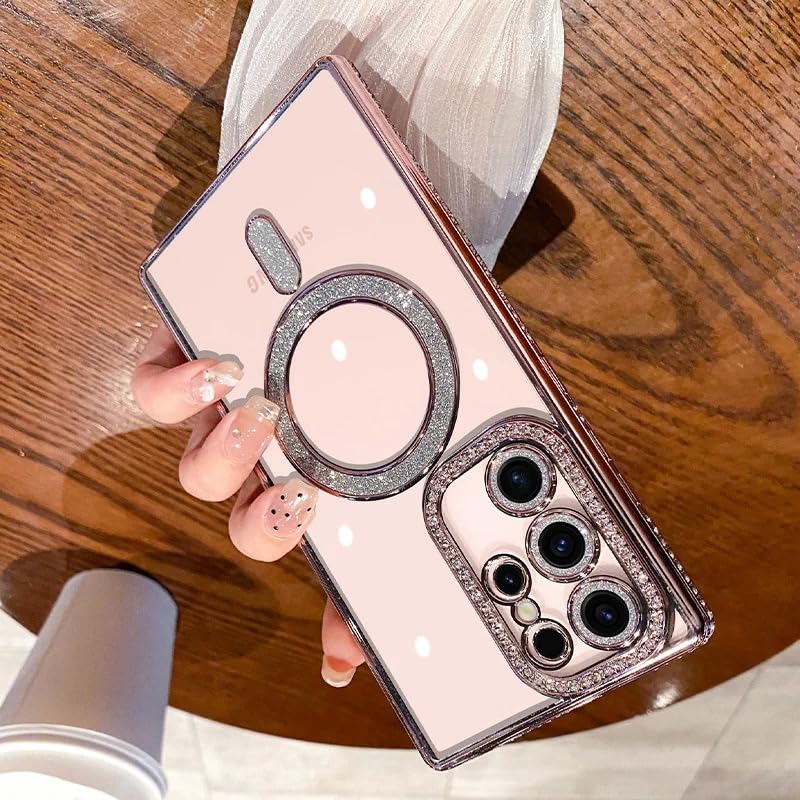 Image of for Samsung Galaxy Glitter Case,Luxury Bling Rhinestone Diamond Plated Bumper Case,MagSafe, Sparkle Camera Lens Protection Clear Back Cover (Pink, for Samsung Galaxy S25 Ultra)
