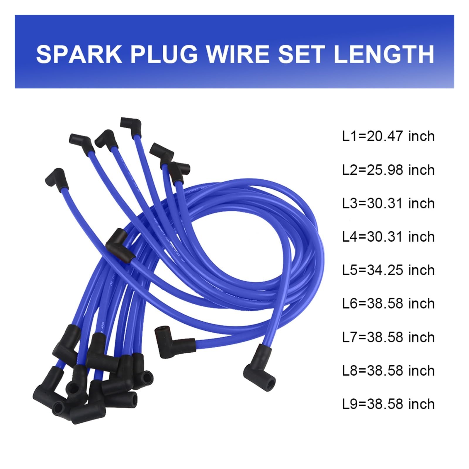 Cables de Encendido Azules de 10,5 mm para bujías de Motores Chevy 350, 400, 327, 307, 383 SBC, 454, 366, 396, 402, 409, 427, 496, 502, 572, 632 BBC V8.
