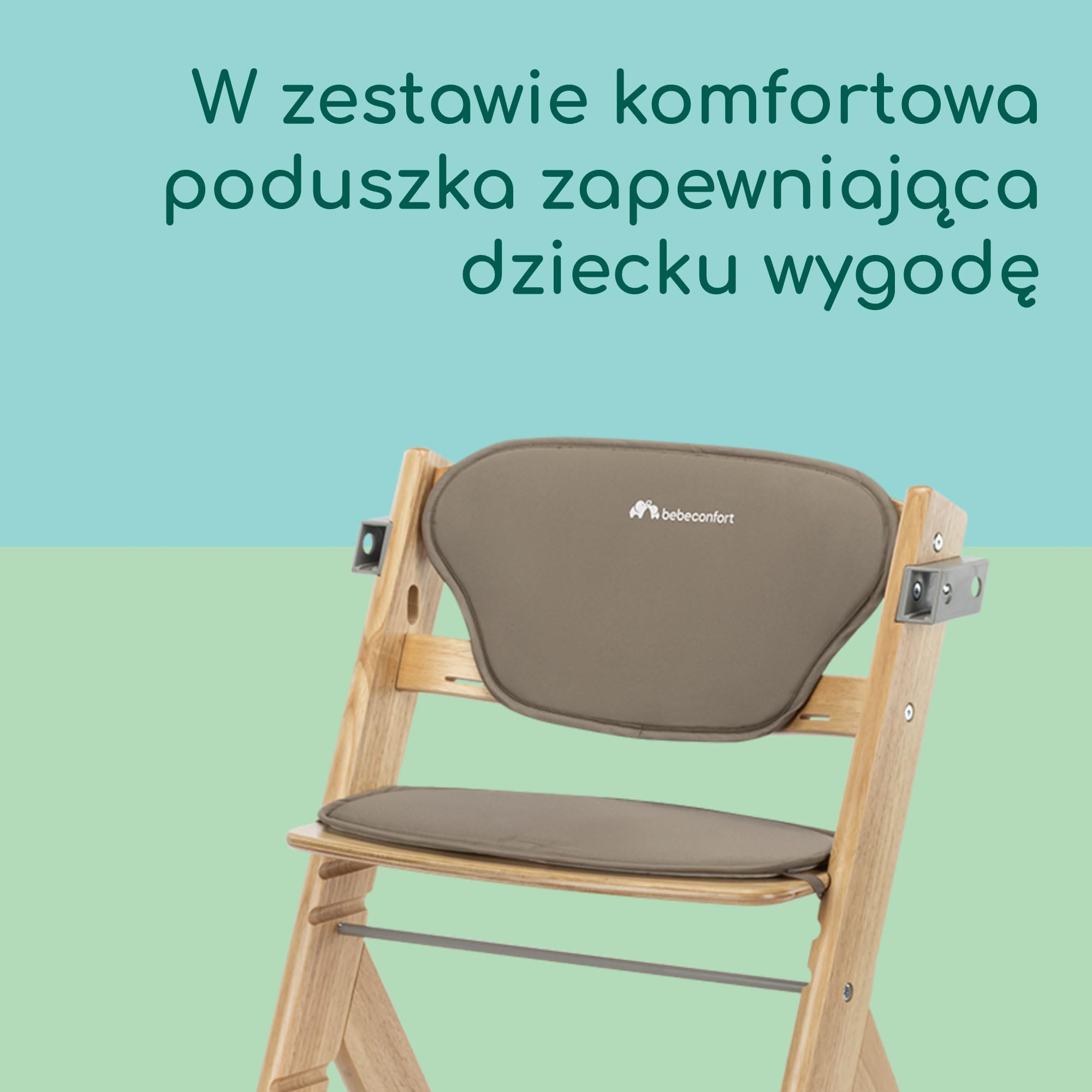 Bebeconfort Timba 2 z Poduszką, Krzesełko Dziecięce Drewniane, 6+ Miesięcy, Do 110 kg, Ergonomiczne Krzesełko do Karmienia, Pasuje do Wielu Stołów, Wyjmowana Taca, Natural Wood + Beige
