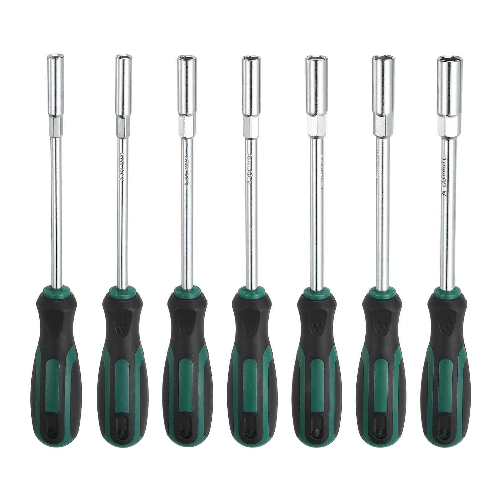 sourcing map 7 Pcs Metric Nut Driver 5mm/6mm/7mm/8mm/9mm/10mm/11mm CR-V Non-Magnetic Tip Hollow Shafts Hex Socket Screwdriver with Anti-Slip Handle for Automobile Repair Bit Driver, Green/Black