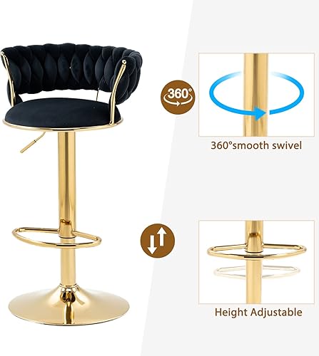 Miniatura 6 de KIVENJAJA Juego de 2 taburetes de bar tejidos de terciopelo, modernos taburetes giratorios de altura ajustable con respaldo y base de metal dorado
