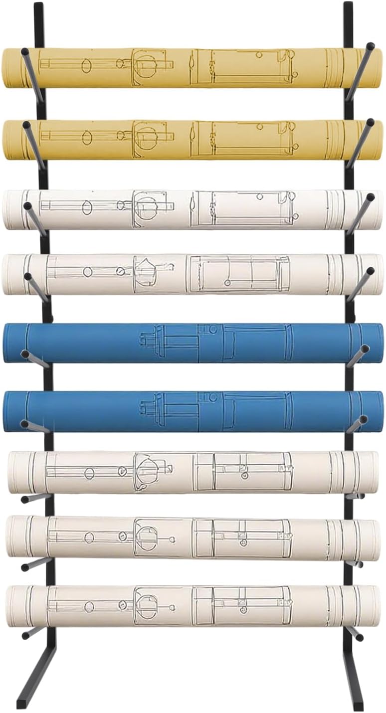 9-Tier Wall Mount Blueprint Storage Rack Hanging Vinyl File Roll Display Rack for Drawings, Artwork Maps and Banner Storage Organizer