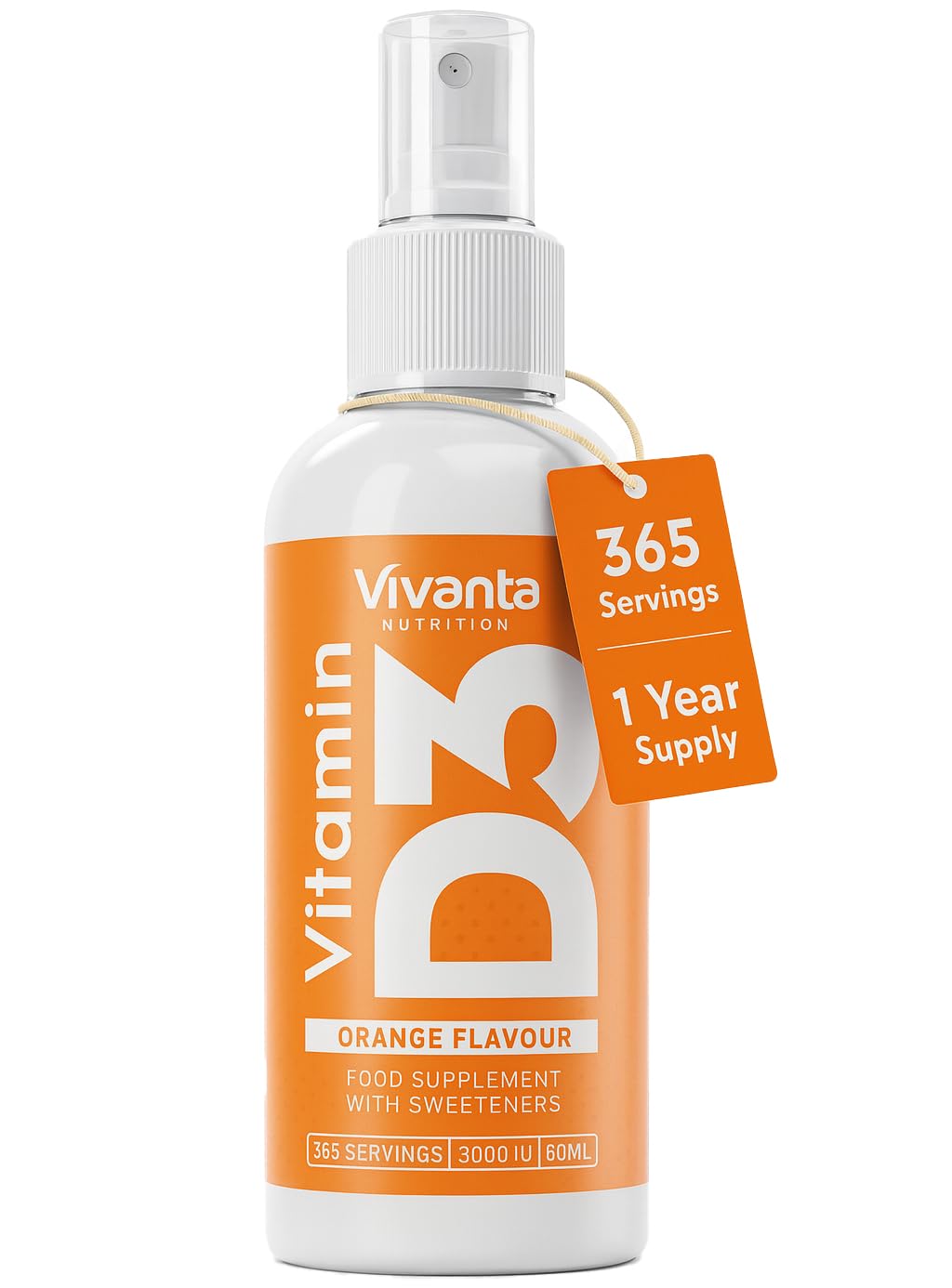 Vitamin D Spray - 60ml (4X Size) - 3000 IU x 365 Servings - Orange Flavour - 1 Year Supply x Vitamin D3 Spray