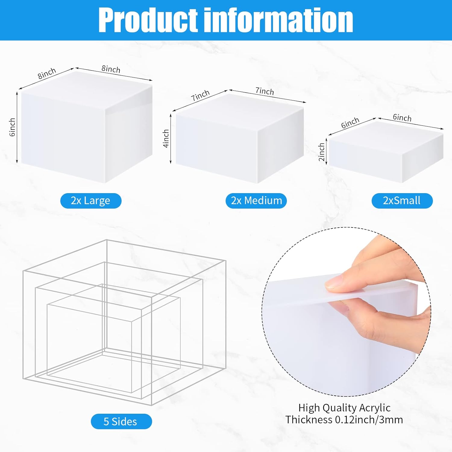 Tuanse 6 Pcs Buffet Risers, Food Risers for Buffet Table, Display Stand for Catering Dessert Collectibles Jewelry Figures Show, 5 Sided Acrylic Cube Display Organizer Acrylic Cube Boxes(White)