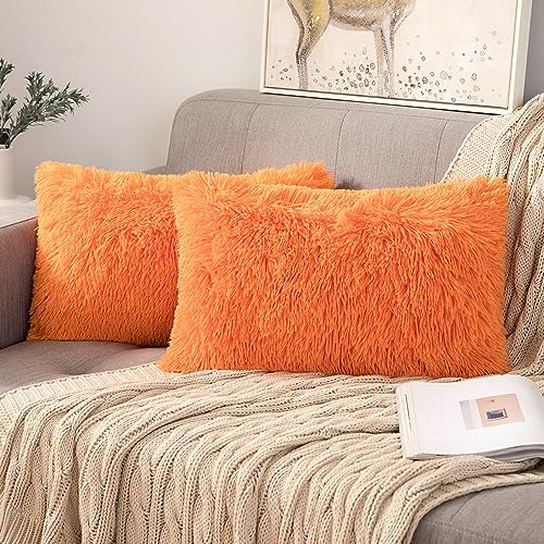 ANRODUO Pack of 2 Luxury Faux Fur Series Throw Pillow Covers Decorative Shaggy Fluffy Plush Cushion Case Mongolian Merino Style Pillowcase for Sofa Couch Bed Car 12 x 20 Inch 30 x 50 cm Orange