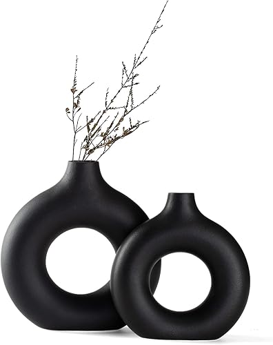Black Ceramic Donut Vase Set of 2, Hollow Round Matte Pampas Flower Vases for Boho Home Wedding Party Room Dinner Table Shelf Decor.（Black）