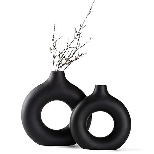 SAWOAKE Vasen für pampasgras, Schwarze Keramikvase 2er Set für Moderne Home Decor, Neutral Boho Nordic Minimalismus Stil Blumenvasen, Idee Regal,Tisch,（Groß+klein） - Schwarz - Groß+klein