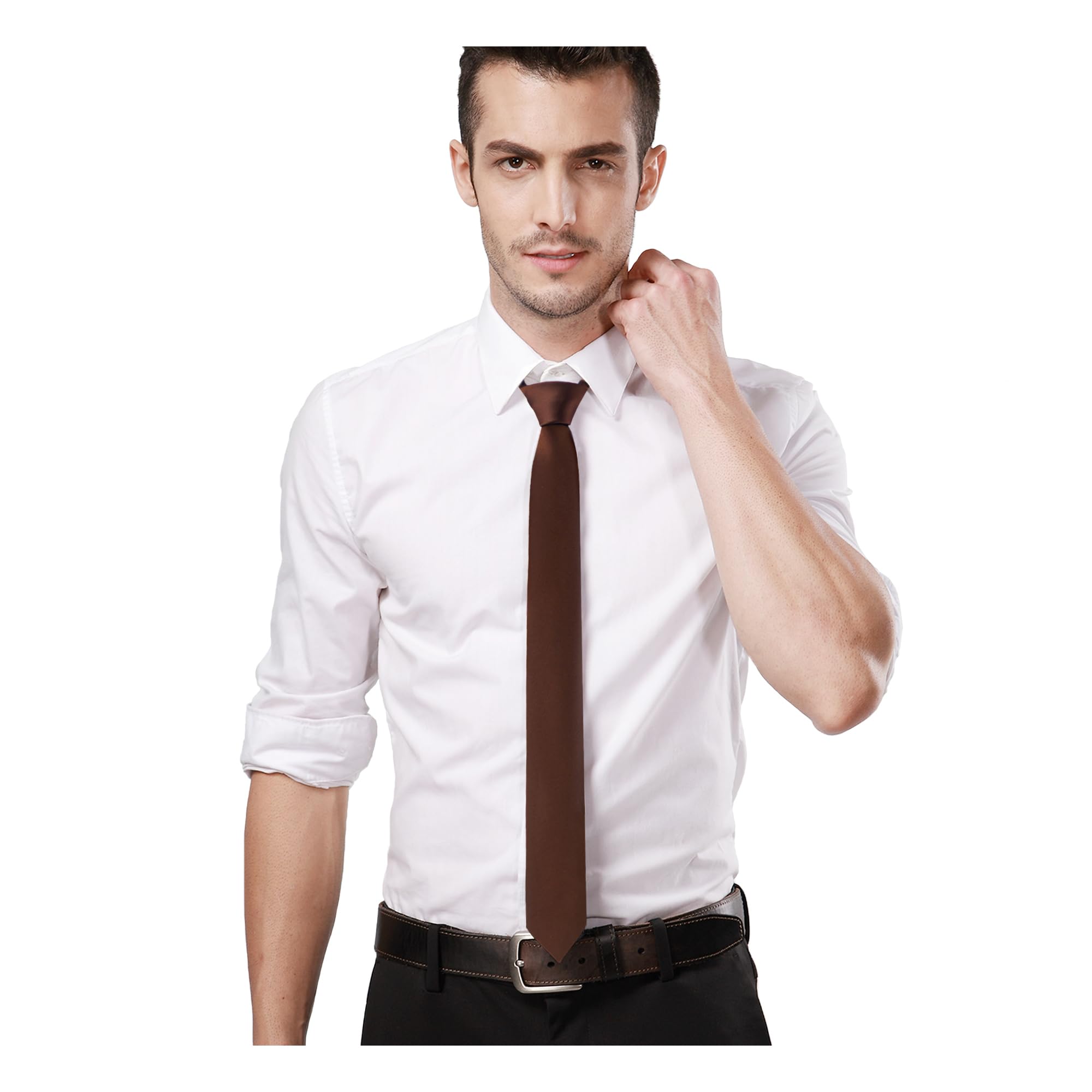 Landisun Coffee Tie Men Women Solid Skinny Ties Slim Ties Satin Tie-Coffee