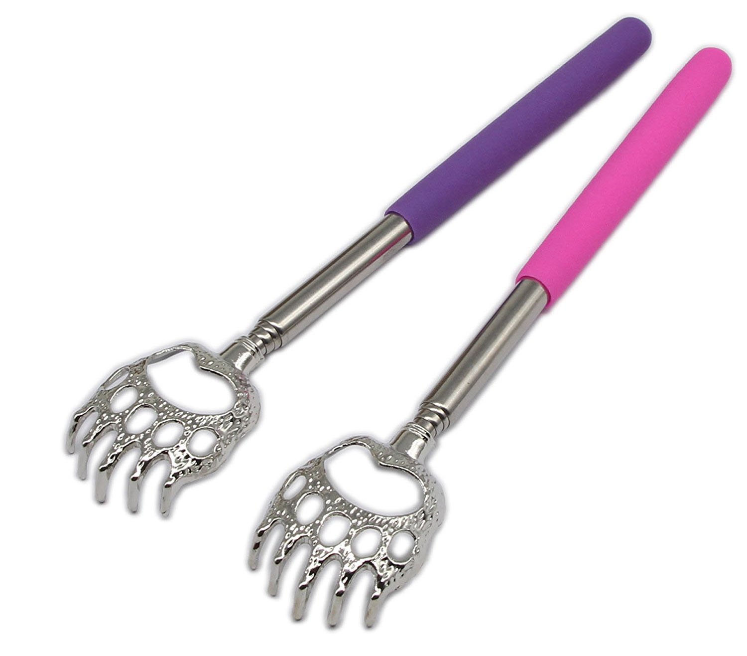 SinLoon(2- Pack Extendable Telescopic Scratcher Handle, Bear Claws Metal Back Scratchers/Hand Massager/backslap with Rubber Handles（Purple and Pink