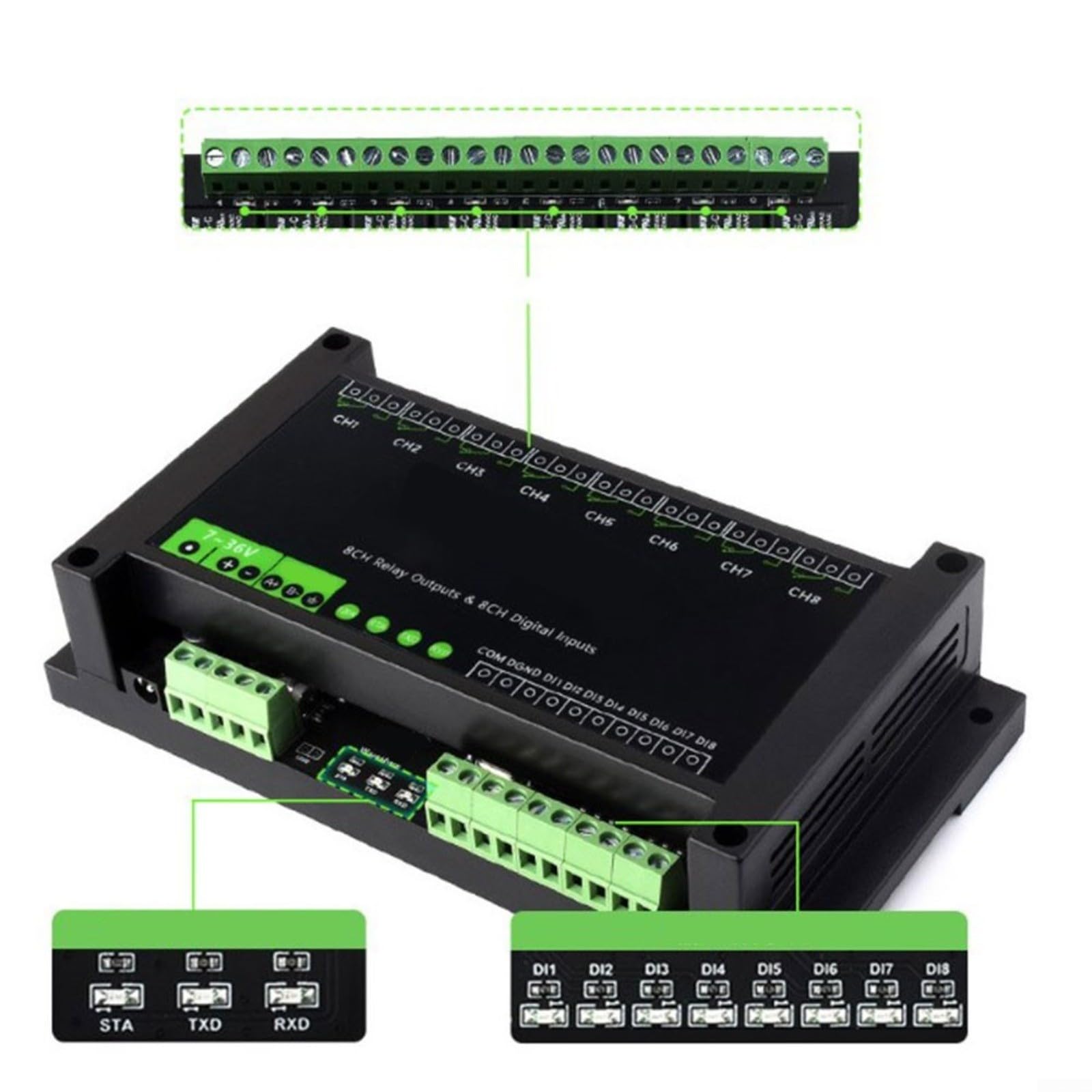 8 canali per relè per modbus per rtu RS485 7-36 V guida a coda | Alloggiamento in ABS, 7-36 V, optoaccoppiatore bidirezionale, algoritmo di decompressione, per industria e per Smart Home