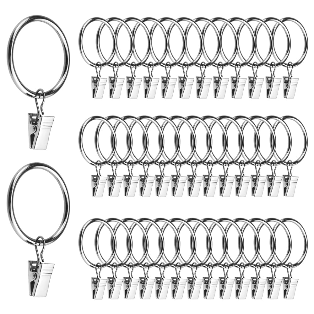 TOVOT 40PCS Metal Curtains Rings with Clips 38MM Inner Diameter Curtain Pole Rings Hoops for Drapery Hanging (Silver)