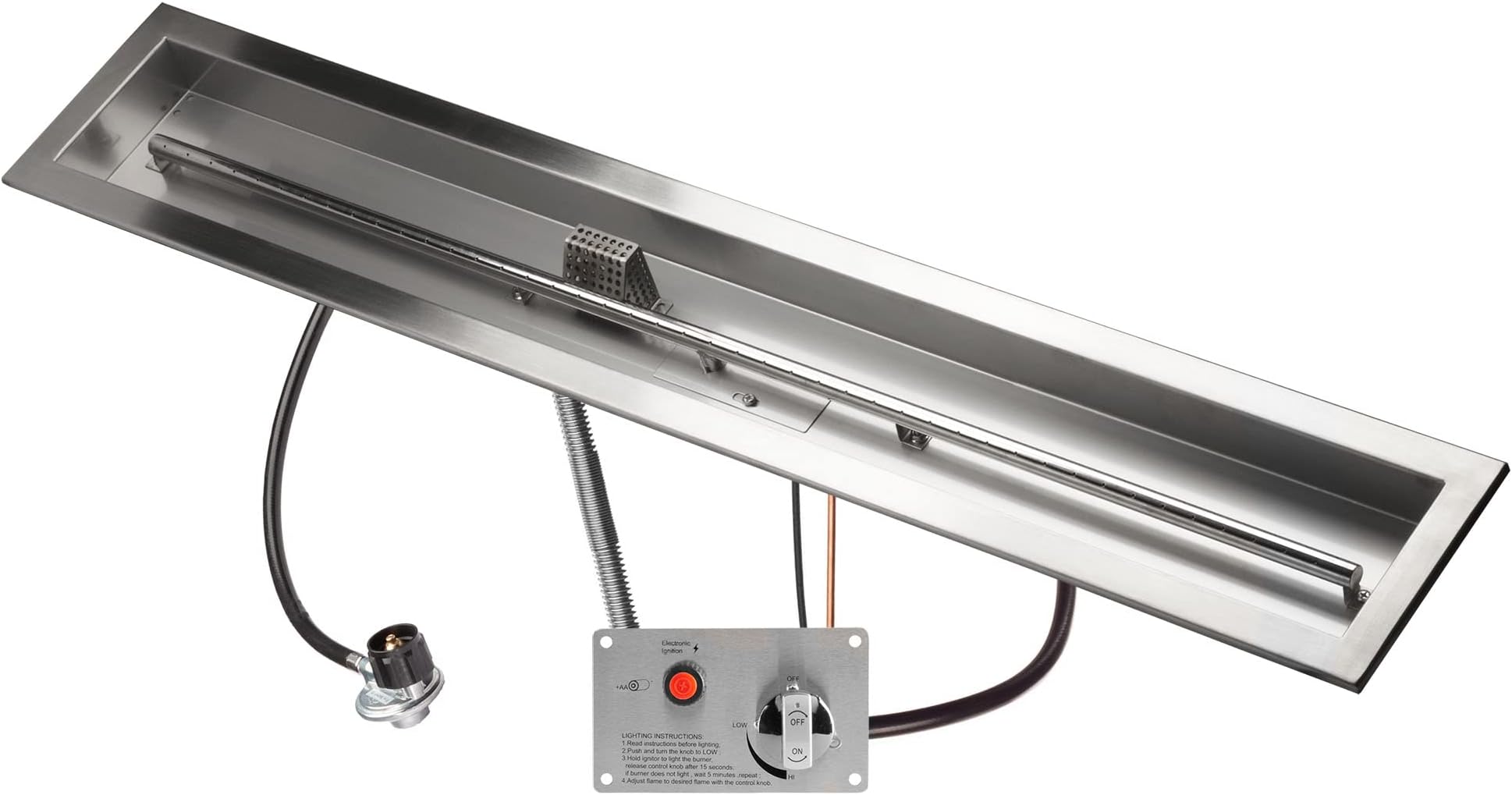 Celestial 48" x 6" CSA Certified Fire Pit Burner Kit, Commercial Grade 16 Gauge 304 Stainless Steel, Flame Sensing Safety Feature, Beveled Lip for Extra Strength, Propane, Electronic Ignition