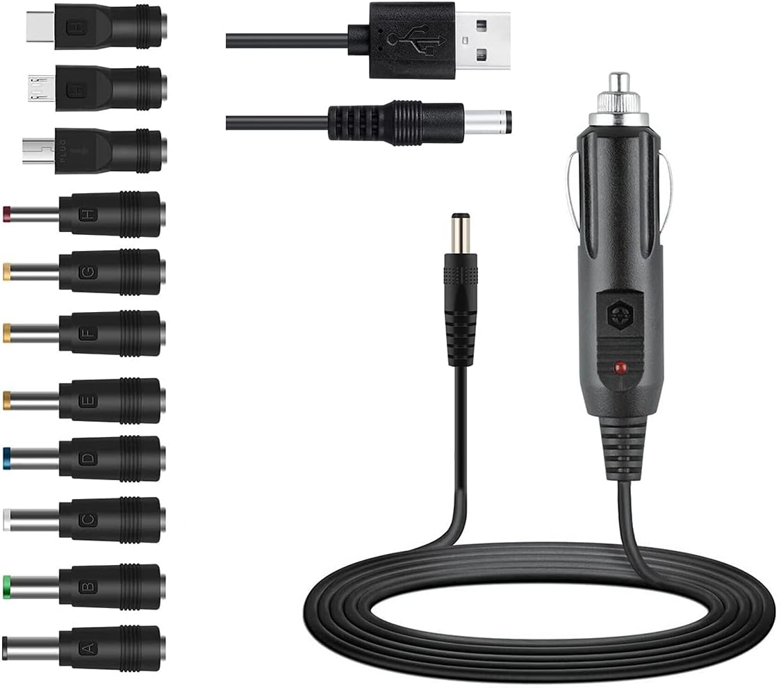 12V Car Charger(Max 10A) + 5V DC Power Cable,with 11 Connectors for DVD Player,Camera,GPS,Bluetooth Speakers,Shaver Fans