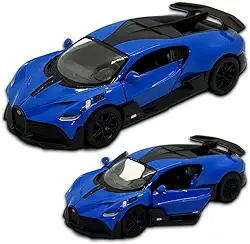 Miniatura de carro Bugatti Divo, Carrinho de ferro, abertura de portas, com fricção, 12,4 CM, Em metal, 1/36, Pneus em borracha, Kinsmart (Azul)