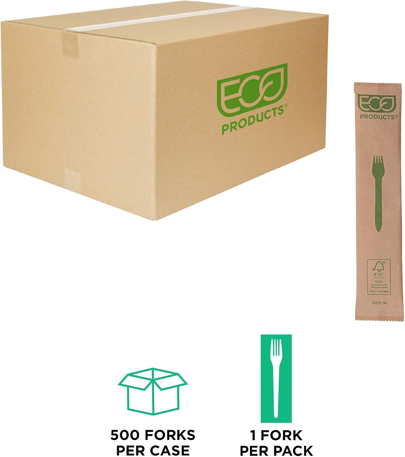 Eco-Products Renewable & Compostable 6.5" Wood Forks, Case of 500, FSC Certified Individually Wrapped Wooden Fork, Hot & Cold Food Friendly, Ridge Molded Into Handle For Better Grip and Strength