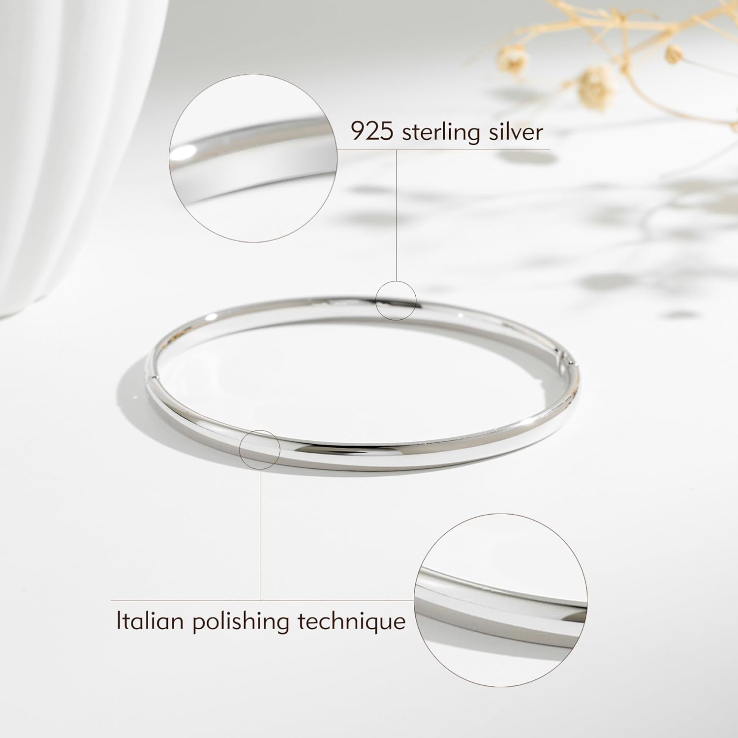 925 Sterling Silver Bangle Bracelet for Women 4mm Fashion Oval Silver Bangles Hypoallergenic Stackable Silver Bracelets Waterproof Non-tarnish Jewelry Gift