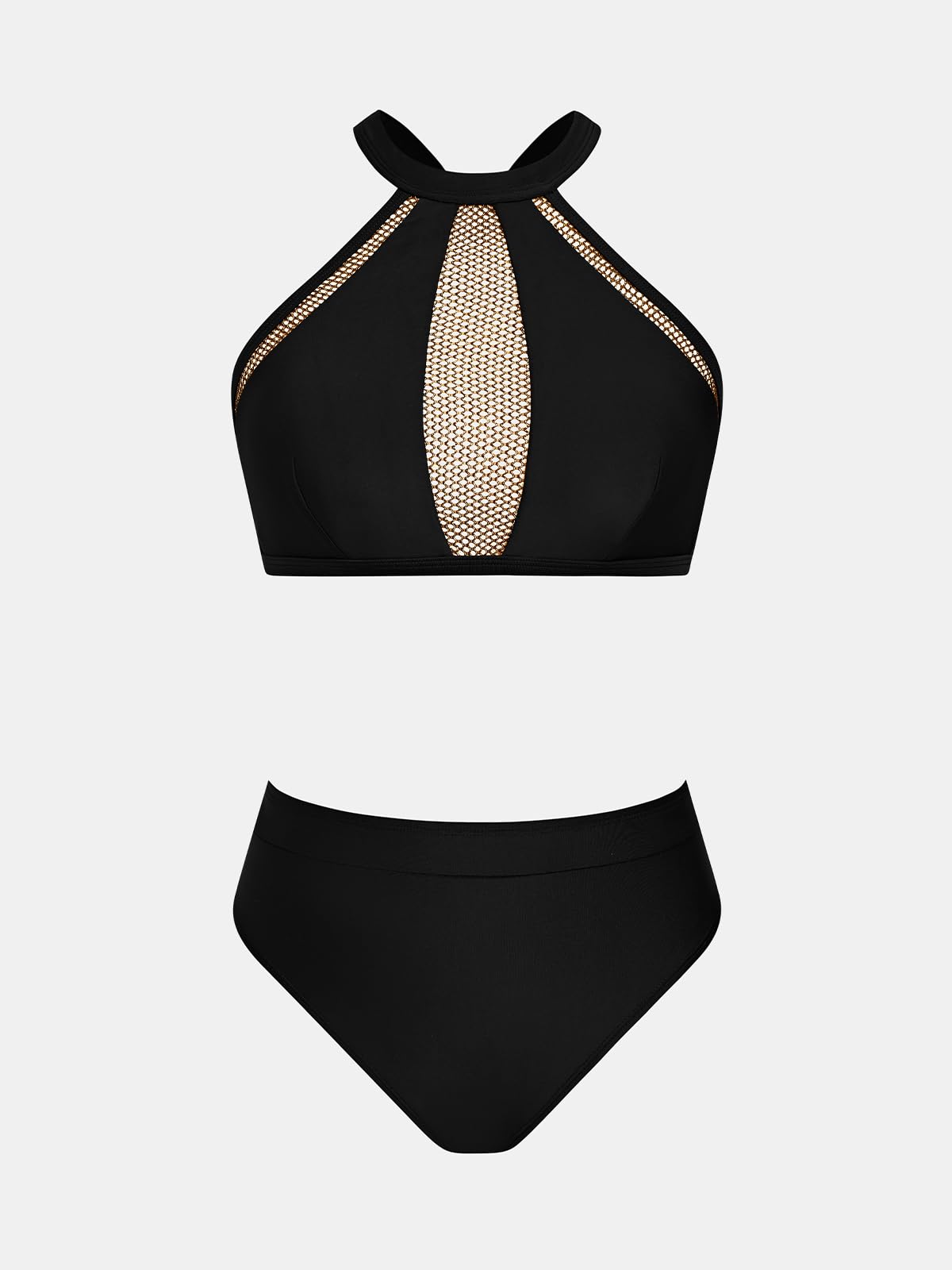 CUPSHE Damski zestaw bikini z wysokim stanem z wysokim dekoltem dwuczęściowy strój kąpielowy z siateczki, Czarny, S