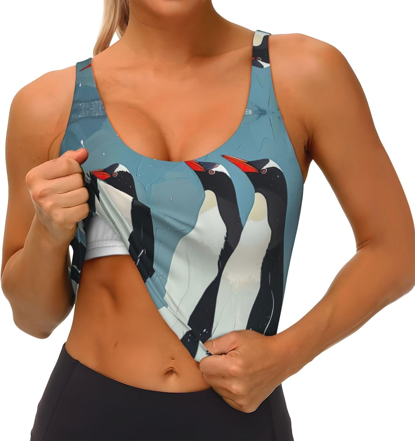 Penguin Print High Impact Sports Bras,Longline Sports Bra,Perfect For Yoga,Running And Gym Workouts