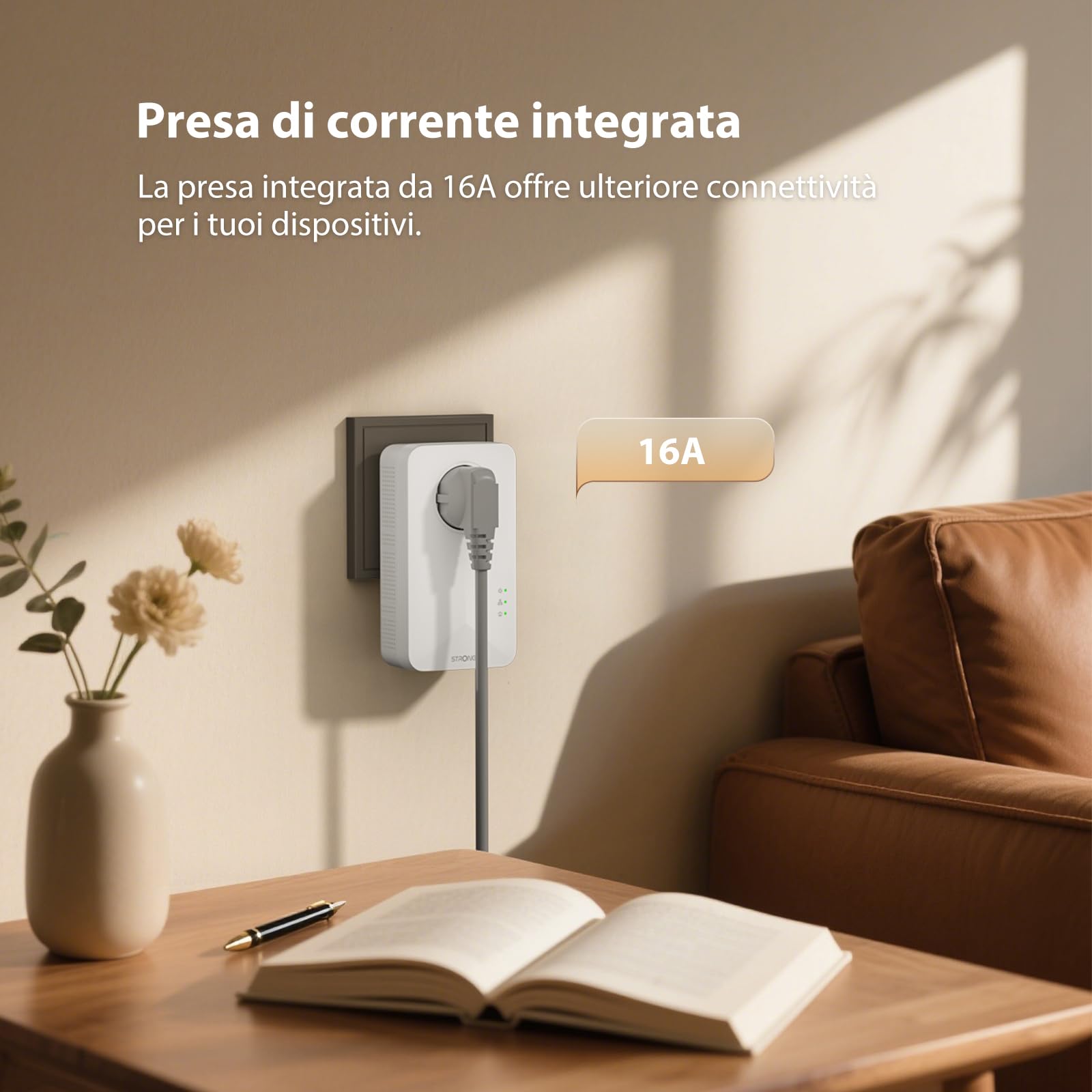 STRONG AV1000Mbps Kit Powerline con Pass Through, Presa Integrata, Ripetitore Powerline Ethernet HomePlug AV2, Porte Gigabit, Plug & Play, Risparmio Energetico, Compatibile con Router