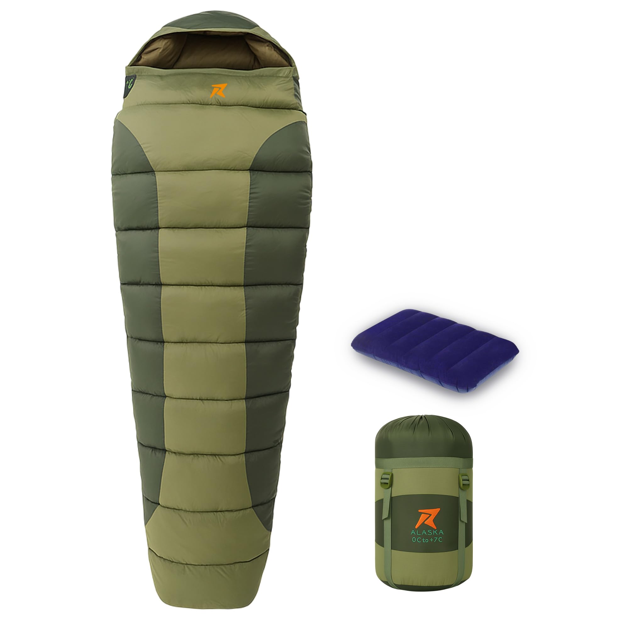 ROCKSPORT Alaska 0°C to +7°C Mummy Sleeping Bag for Adult with Air Pillow, Nylon Camping Sleep Bag with Lightweight Hollow Fiber Filling for Winter Season (Army Green)-image-35