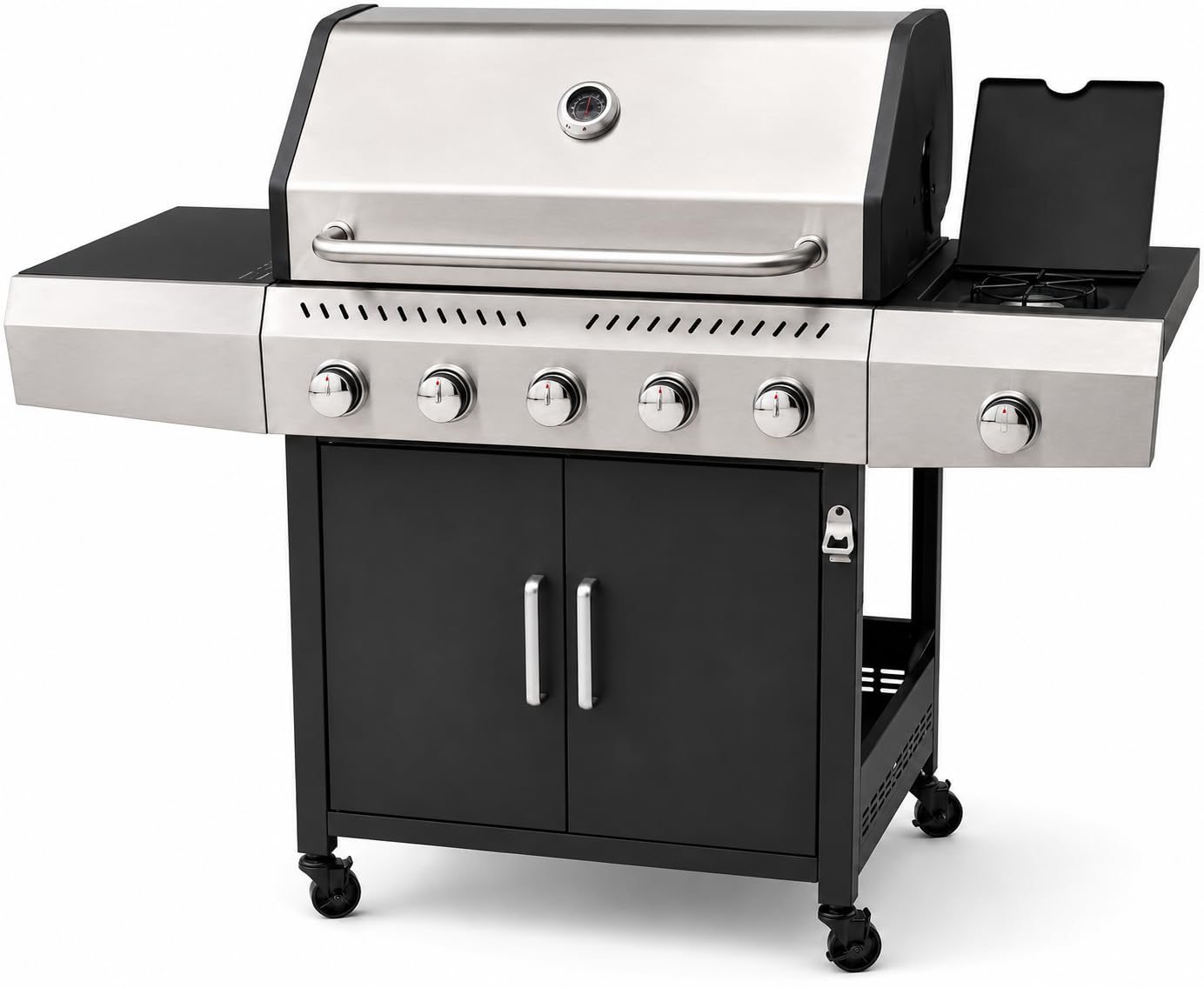 Barbecue a Gas Professionale XXL Da 19 kW con 6 Bruciatori in Acciaio Inox 304 Con Fuoco Laterale Termometro Coperchio Doppio Griglia Di Cottura 70 x 42 Cm Scaldavivande Ruote 140 × 50 × 120 Cm Nero