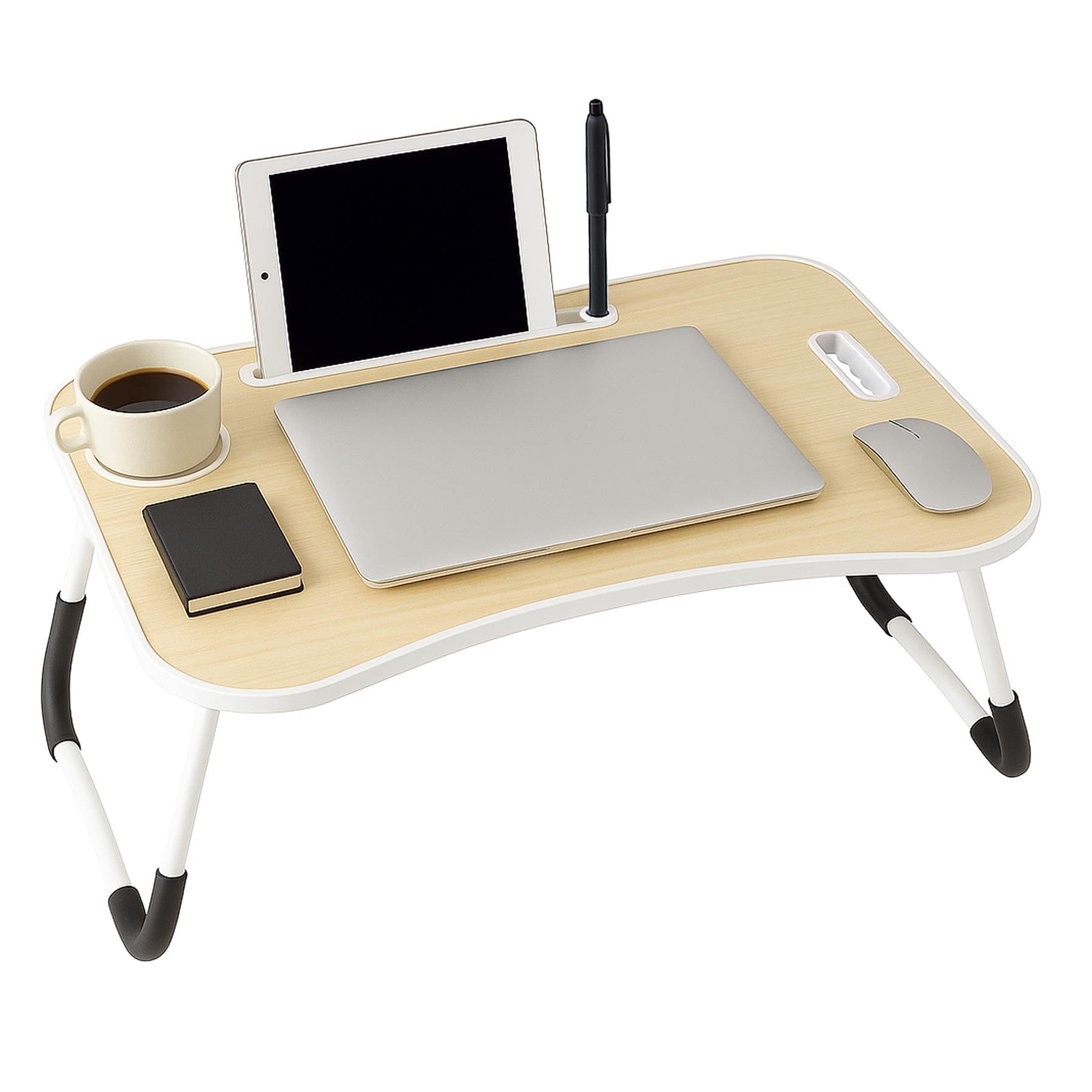 Itrend Maple Laptop Bed Table, Laptop Desk With Foldable Legs & Cup Slot, Portable Tablet Notebook Stand Breakfast Bed Tray With Curved Design Charging Slot & Handle For Sofa, Bed, Terrace, Balcony,
