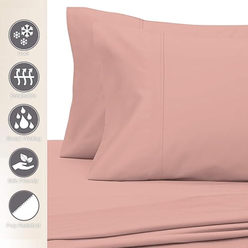 Miniatura 10 de Pizuna Funda de almohada de algodón de 400 hilos, tamaño Queen, paquete de 2 unidades, color rosa claro, 100% algodón de fibra larga, tejido de