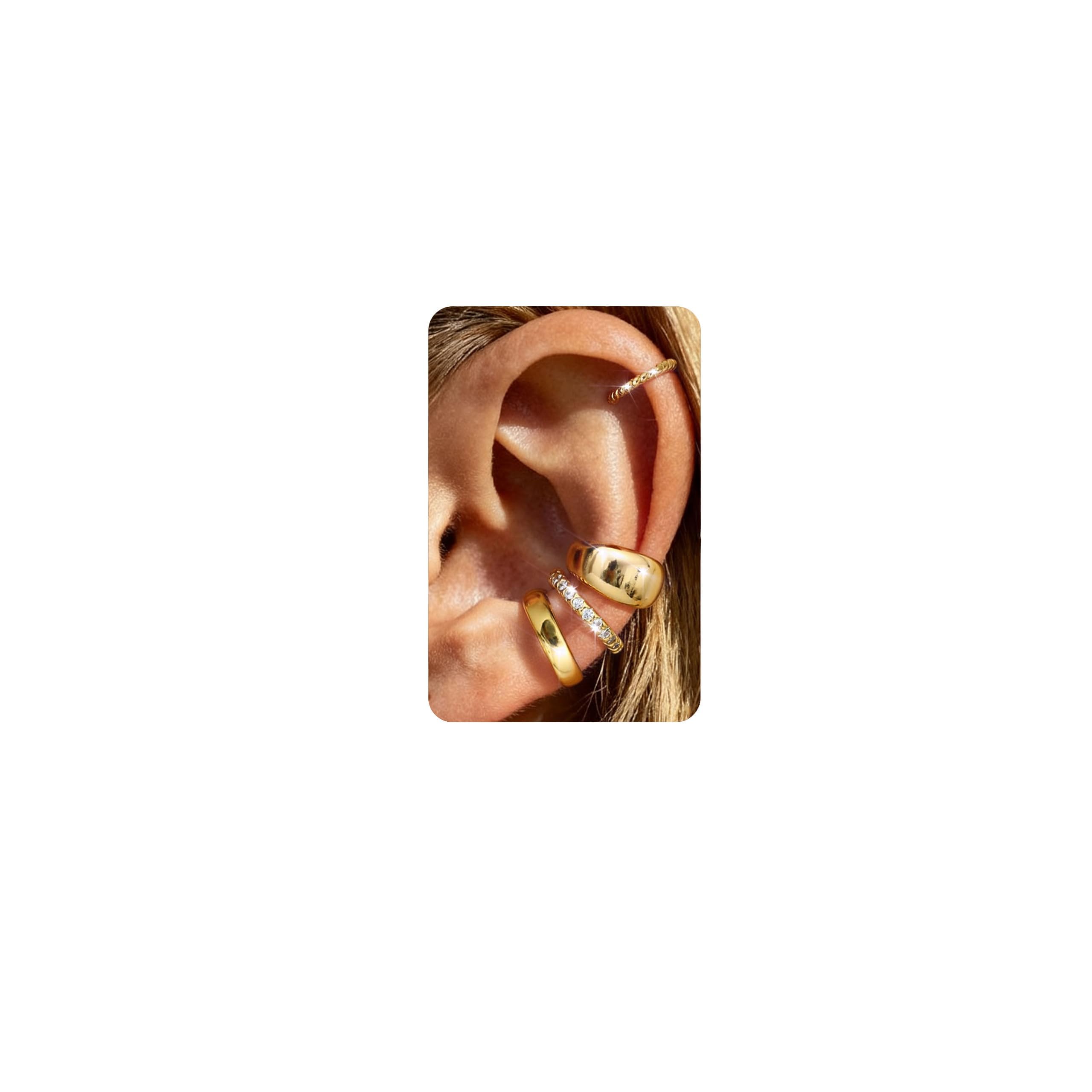 Ear Cuff Set für Damen Ohne Piercing - 4 Paar 14K Goldbeschichtete Ohrklemmen Fake Helix Nicht Verblassend Knorpel Ohrringe für Ungepiercte,Verstellbare Ohrmanschetten in Geschenkbox Gold-Schick