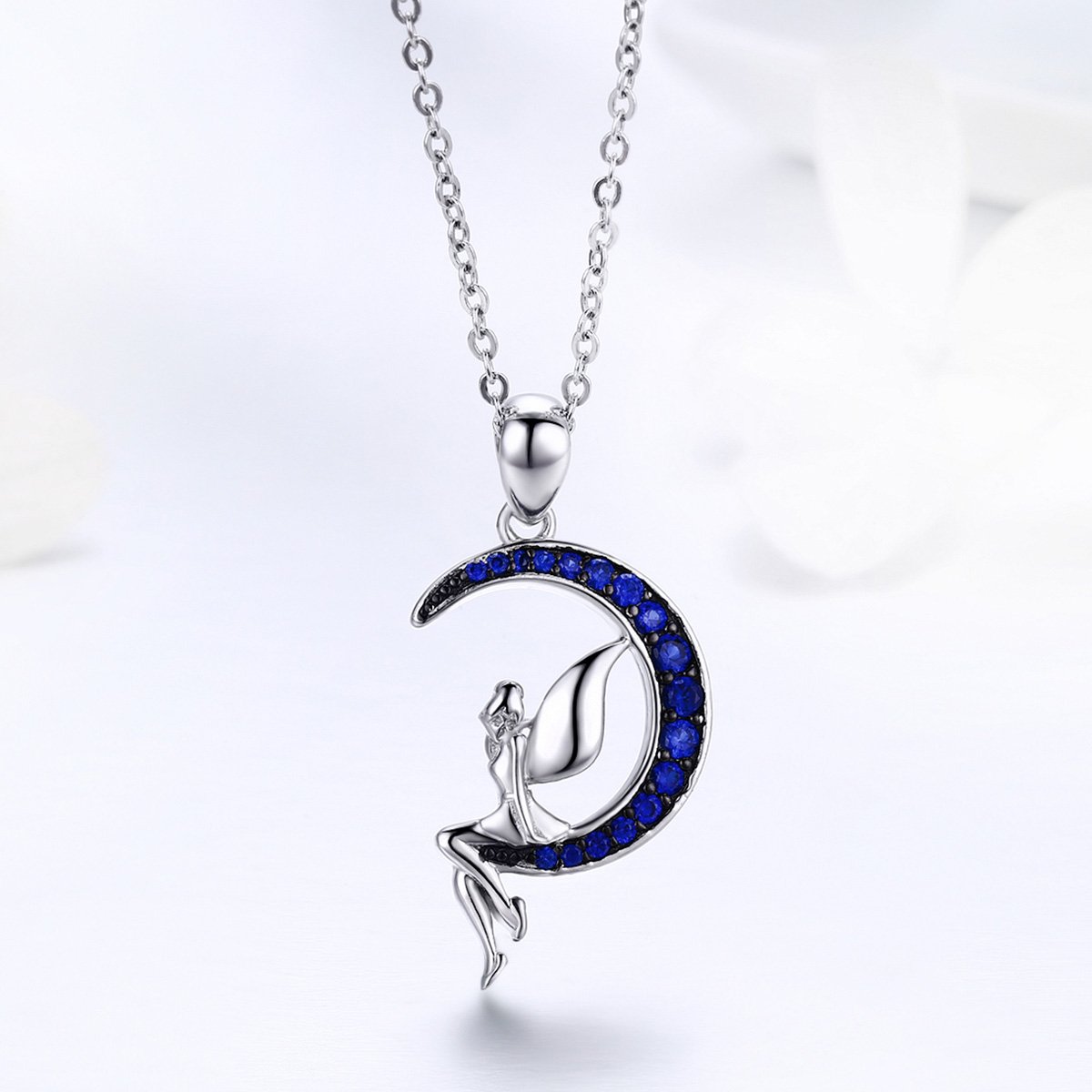 NewL Collar con colgante de plata de ley 925 con diseño de hada de la suerte en luna azul para mujer, joyería de regalo, Plata esterlina Tela Plata de ley, Circonia cúbica