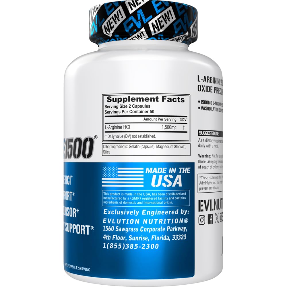 EVL Nitric Oxide Booster L-Arginine HCL Supplement - 1500mg — Amazon image 3