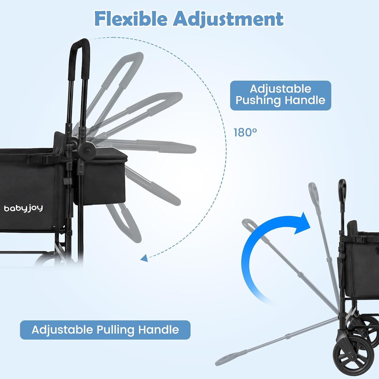 BABY JOY Wagon Stroller for 2 Kids, Foldable Side-Unzip Stroller Wagon with Adjustable Push/Pull Handle, Removable Canopy, Storage Bag, Harness & All-Terrain Wheels for Zoo, Beach & Travel (Black)