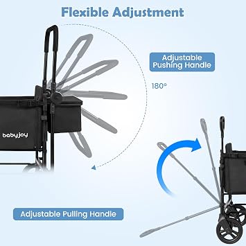 BABY JOY Wagon Stroller for 2 Kids, Foldable Side-Unzip Stroller Wagon with Adjustable Push/Pull Handle, Removable Canopy, Storage Bag, Harness & All-Terrain Wheels for Zoo, Beach & Travel (Black)