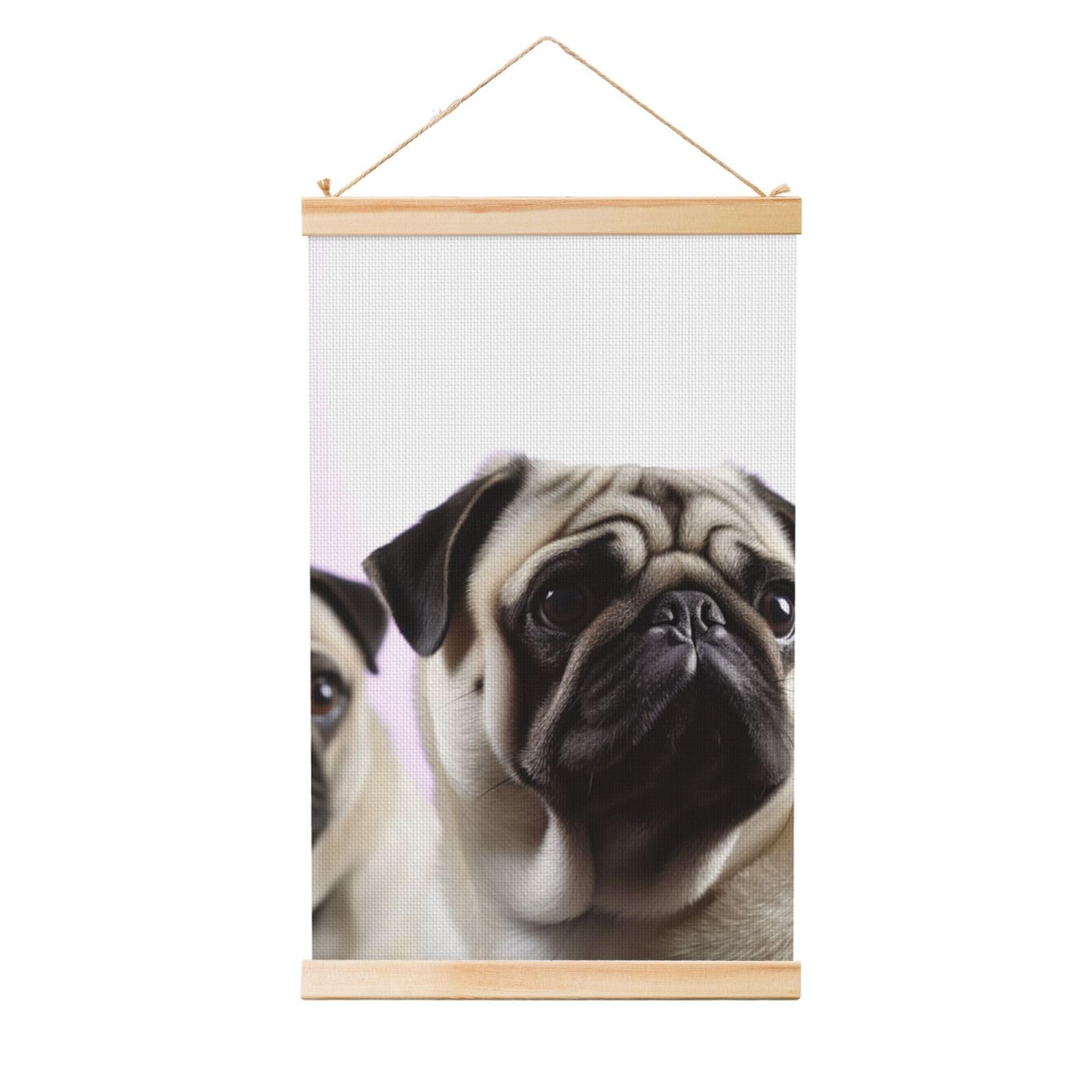 pug dog Poster Wooden Shaft Hanging Poster Wall Hanging Banner Canvas Artwork with Wood Frames 20"x30" Modern Artwork Decor Ready to Hang Wall Art for Home Decor Scroll Painting
