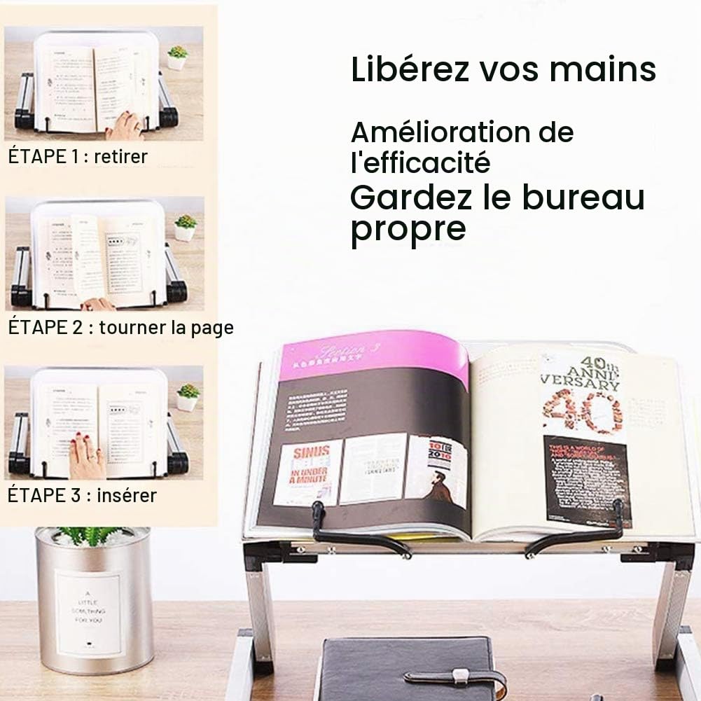 Pupitre pour Livre -Hauteur et angle réglables lutrin livre, support de lecture avec bras en aluminium et clips de reliure, porte livre cuisine pour Big Heavy HardCover et ordinateur portable