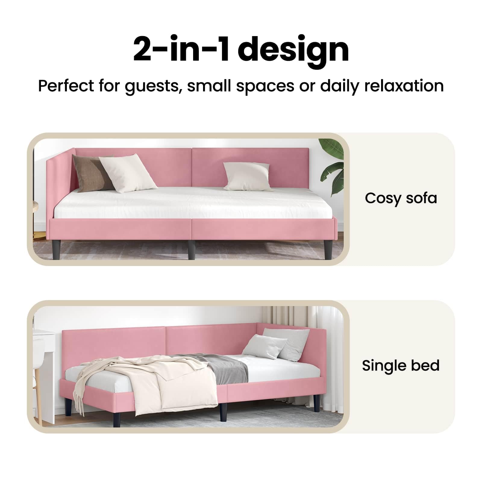 vidaXL Rama łóżka narożnego Z zagłówkiem Różowy 90 cm x 200 cm Aksamit