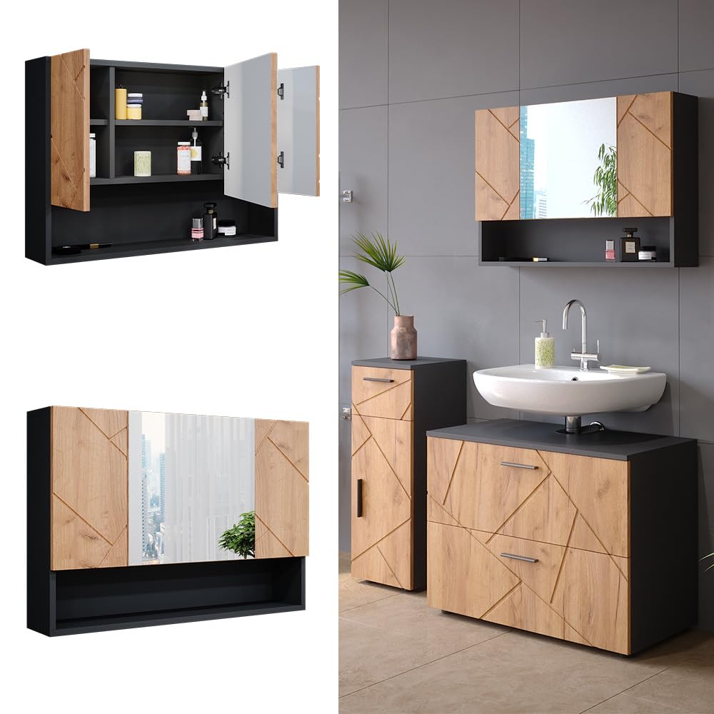 Vicco Specchio contenitore bagno Irma Rovere dorato/antracite 80.1x55 cm | con specchio e ripiani aperti per montaggio a parete