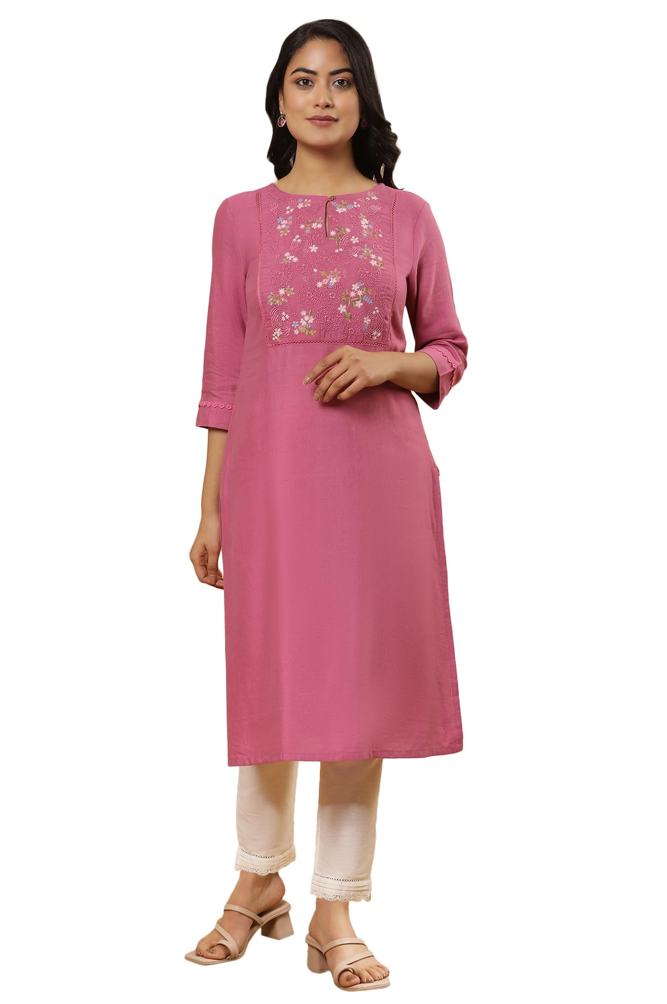 w for woman Pink Solid Rayon A-Line Kurta-picture-18