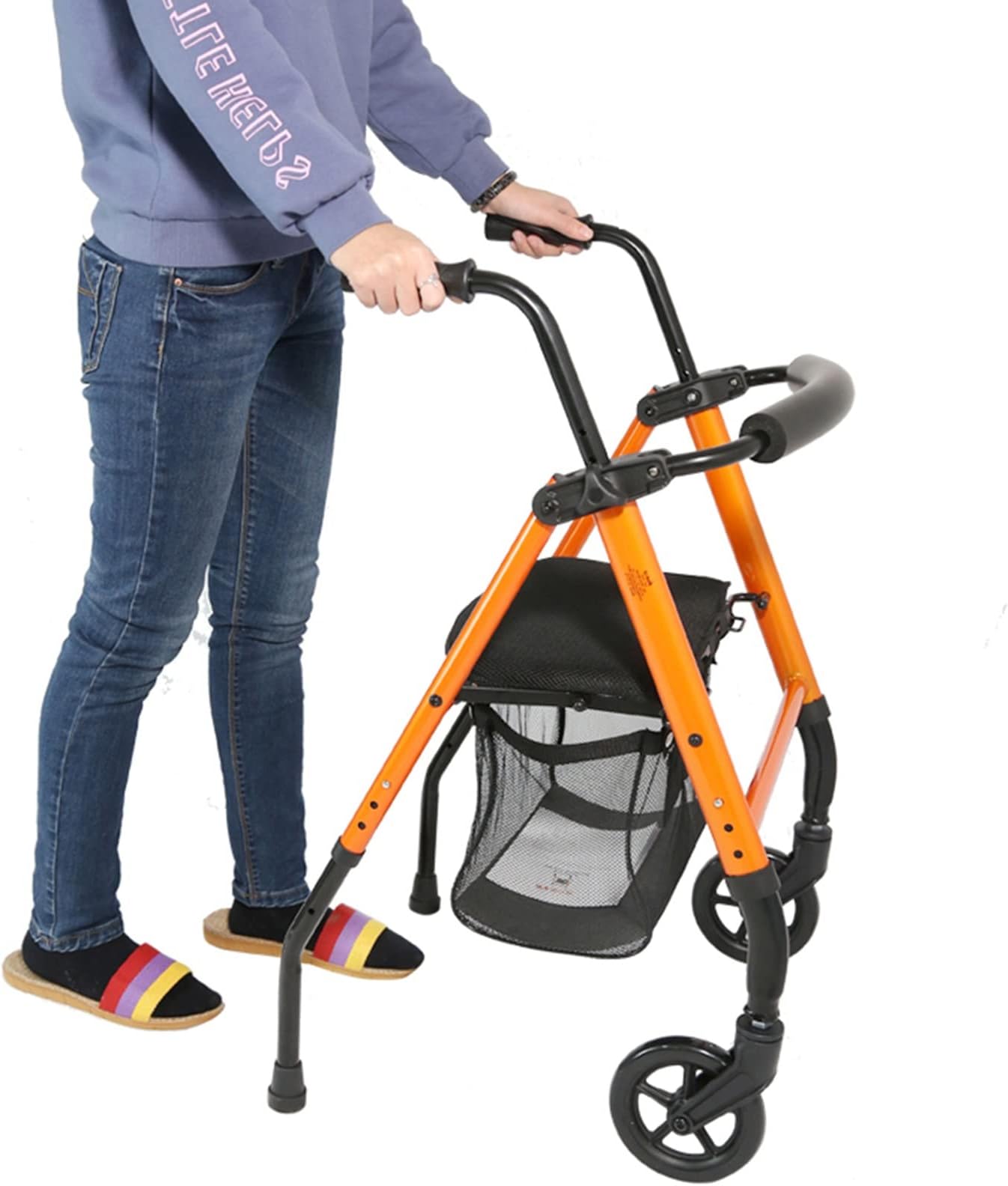 HWBB Orange Medical Rolling Walker Lightweight Foldable, Rollator Drive Walkers with Seat/Basket / 2 Wheel, for Home, Hospital, Nursing Facility