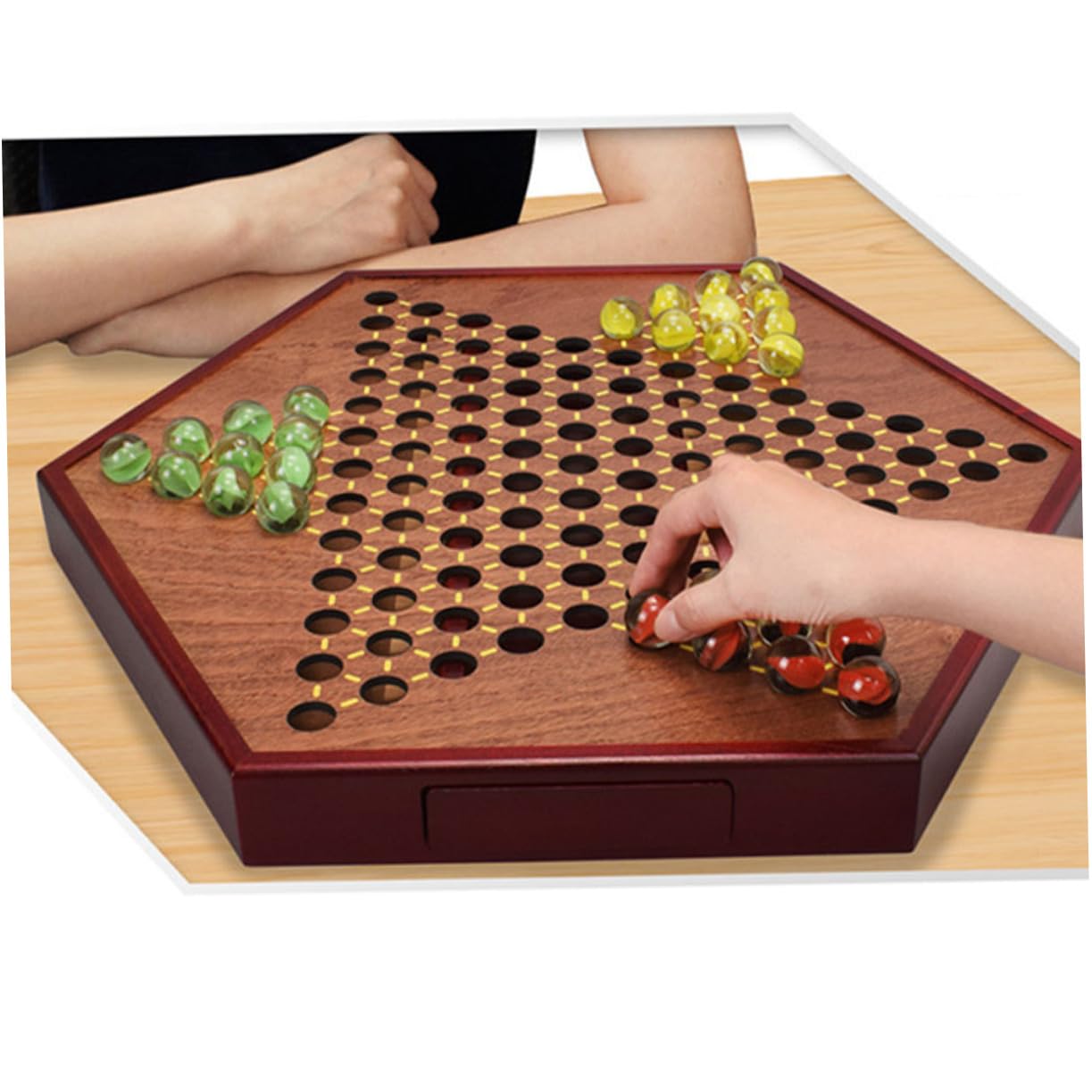Gioco Marrone in Legno con Cassetti a Esagono di Dama Cinese | Tradizionale, Tavolozza Strategica per Gioco di Gruppo, Biglie di Vetro Incluse