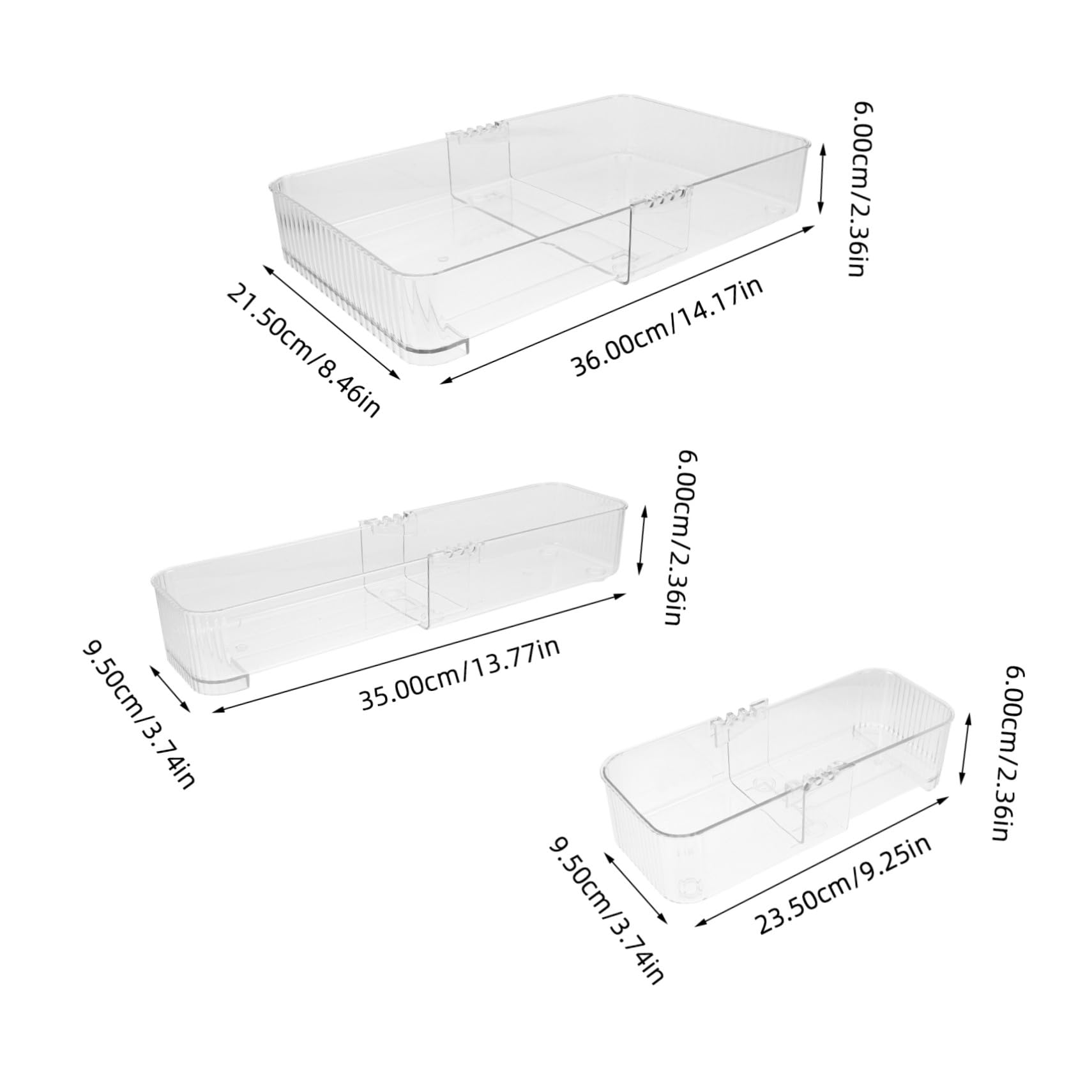 UKCOCO Bandejas Organizadoras de Escritorio Transparentes Ajustables Pet, Set de 3 Tamaños (pequeña, Mediana, Grande), Organizador de Cajones para Cocina, Oficina y Baño, Almacenamiento
